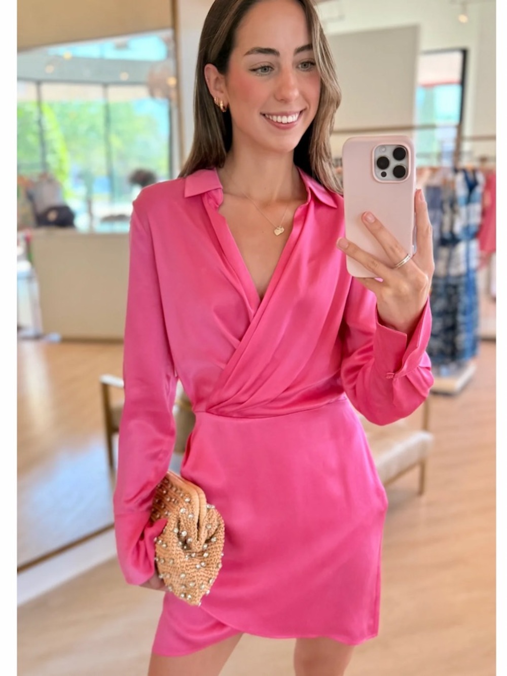 Favorite Daughter
The Dinner Party Mini Shirtdress Hot Pink Wrap-Front Satin 4